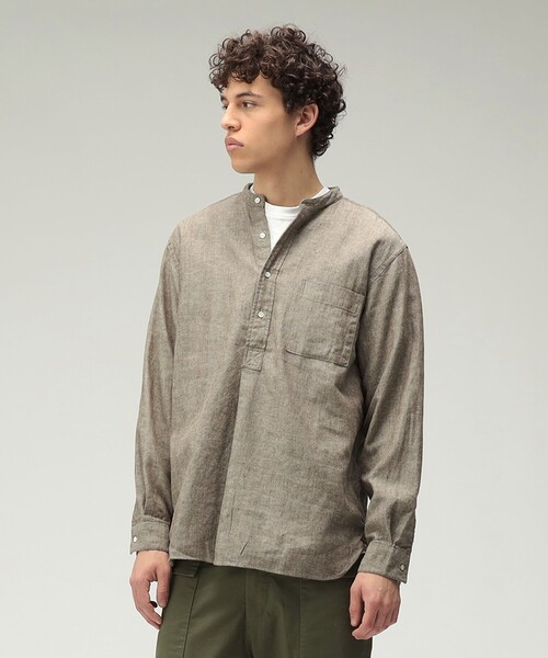 美品　ビームス　長袖リネンシャツ BEAMS+（ビームスプラス） シャツ Band Collar Pullover Cotton Linen