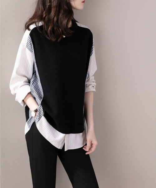 tシャツ ストライプ 異素材切り替えトップス レディース : ZOZOTOWN