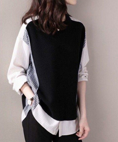 tシャツ ストライプ 異素材切り替えトップス レディース : ZOZOTOWN