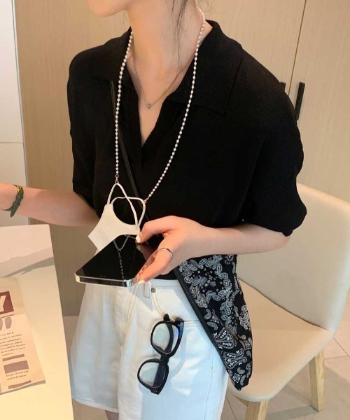 かぐれ✨24SS　ハーフスリーブポロニット　ブラック　リネン　完売品 かぐれ✨24SS ハーフスリーブポロニット ブラック リネン 完売品