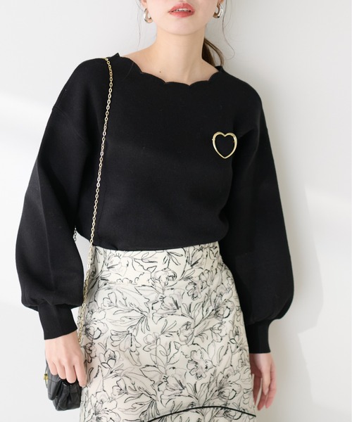 natural couture レディース ニット 衿ぐり刺繍スカラップニット 