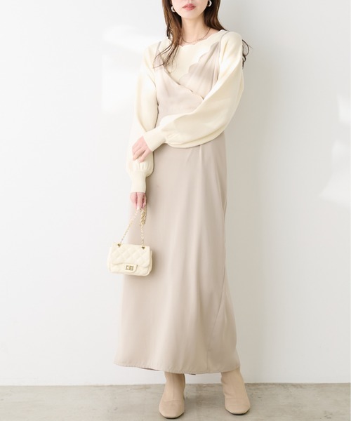 natural couture レディース ニット 衿ぐり刺繍スカラップニット 