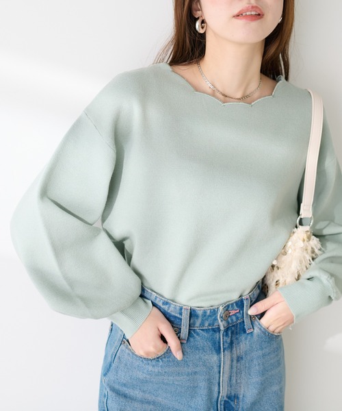 natural couture レディース ニット 衿ぐり刺繍スカラップニット 