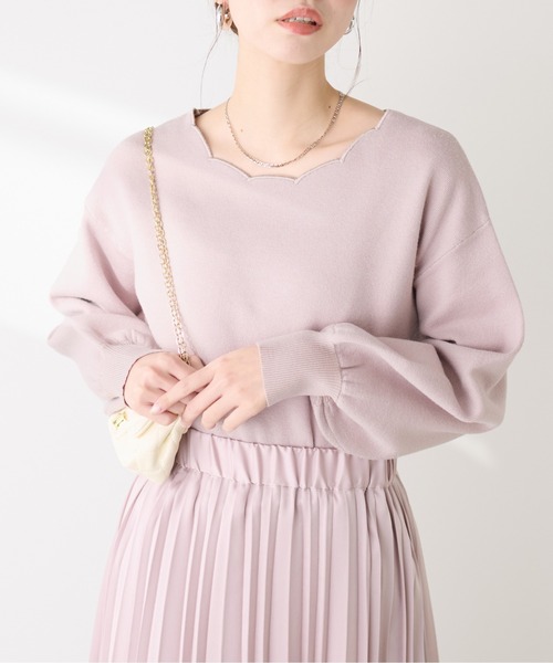 natural couture レディース ニット 衿ぐり刺繍スカラップニット 