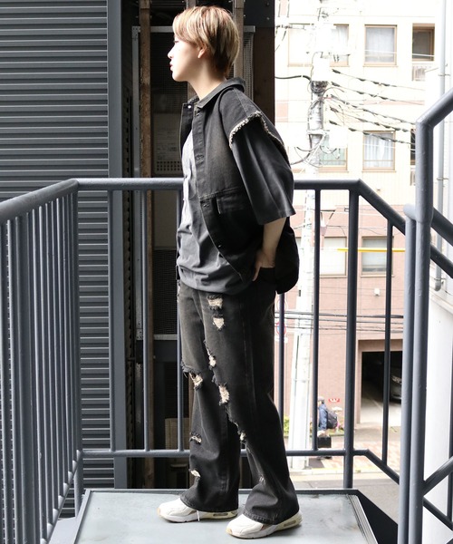 Starting Over ベスト ジレ denim fringe overdye vest/デニム