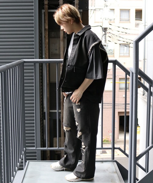 Starting Over ベスト ジレ denim fringe overdye vest/デニム