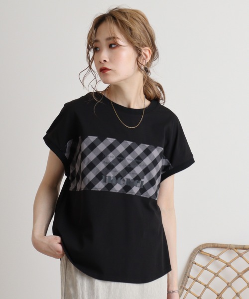 tシャツ Eglantine チェック切替　ロゴプリントカットソー レディース