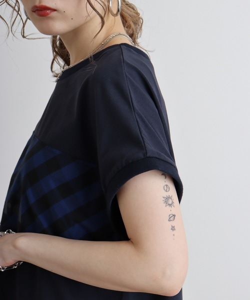 EGLANTINE tシャツ Eglantine チェック切替 ロゴプリント