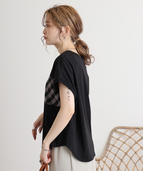 tシャツ Eglantine チェック切替　ロゴプリントカットソー レディース EGLANTINE tシャツ Eglantine チェック切替 ロゴプリント