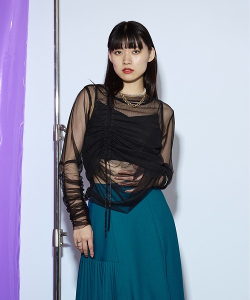 ブラウス シャツ SIDE DRAWSTRING SHIRT レディース Audrey and John Wad ブラウス シャツ ニット襟マイクロチェック