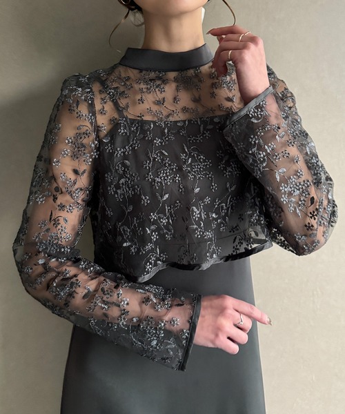 2WAYパール付きシアーレースバックリボンボレロスリット　キャミワンピース Leja（レジャ）の「【LEJA】2WAYパール付きシアーレースバック