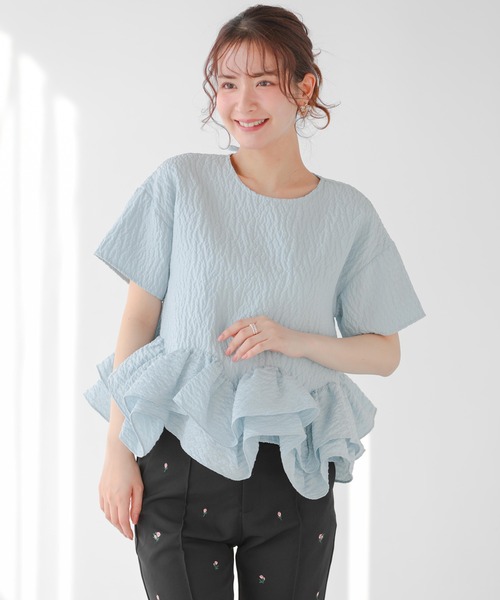 【新品】fitmore フィットモア　カーブフリルジャガードトップス　ブルー Fit more カーブフリルジャガードトップス レディース