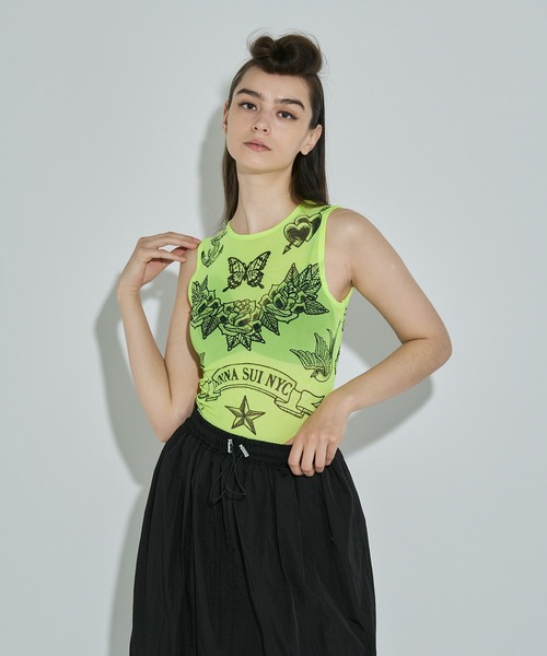 タンクトップ ノースリーブ タトゥープリントメッシュタンクトップ