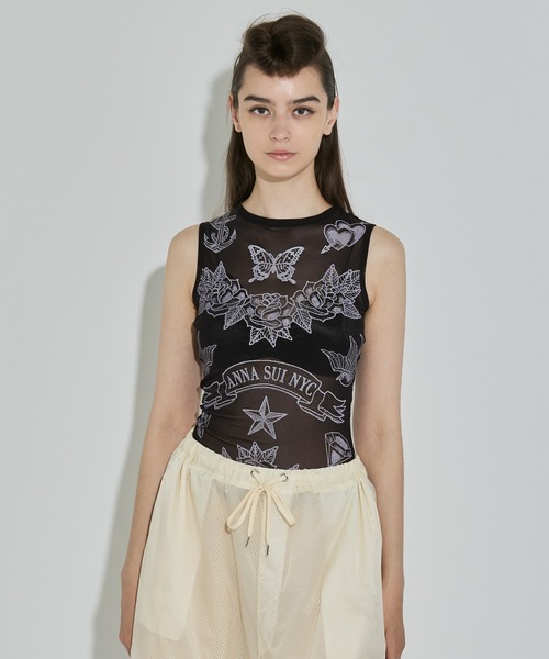 タンクトップ ノースリーブ タトゥープリントメッシュタンクトップ