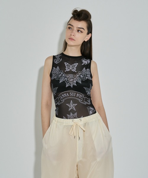 タンクトップ ノースリーブ タトゥープリントメッシュタンクトップ