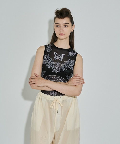 タンクトップ ノースリーブ タトゥープリントメッシュタンクトップ