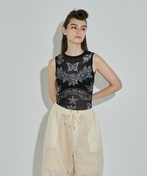 タンクトップ ノースリーブ タトゥープリントメッシュタンクトップ