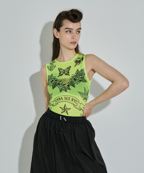 タンクトップ ノースリーブ タトゥープリントメッシュタンクトップ