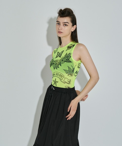 タンクトップ ノースリーブ タトゥープリントメッシュタンクトップ