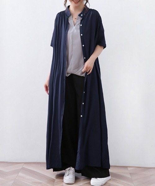 シャツワンピース スタンドカラーロングシャツワンピース : ZOZOTOWN