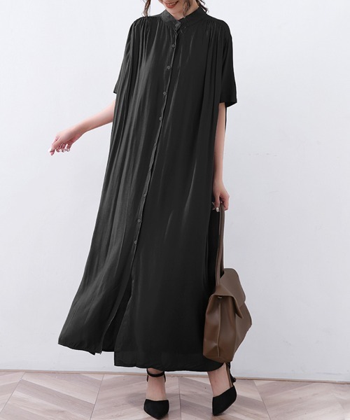 シャツワンピース スタンドカラーロングシャツワンピース : ZOZOTOWN