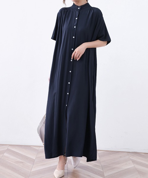 シャツワンピース スタンドカラーロングシャツワンピース : ZOZOTOWN