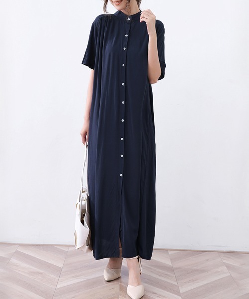 シャツワンピース スタンドカラーロングシャツワンピース : ZOZOTOWN