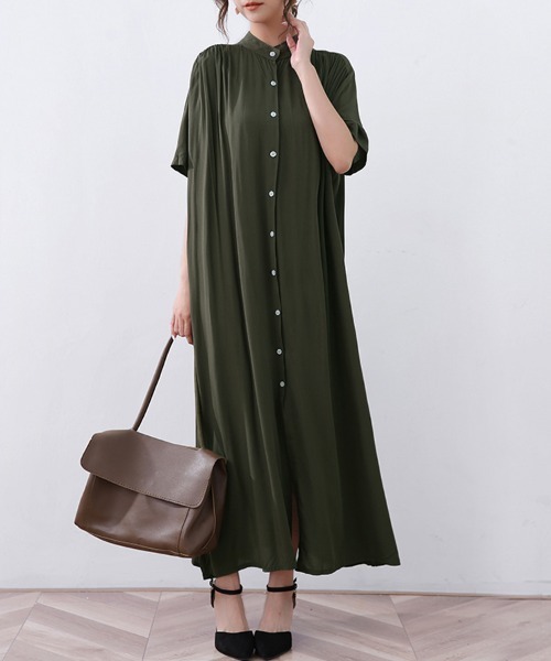 シャツワンピース スタンドカラーロングシャツワンピース : ZOZOTOWN