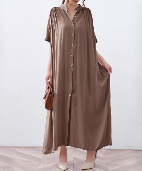 ロングシャツワンピース　 BROWN tall シャツワンピース スタンドカラーロングシャツワンピース : ZOZOTOWN