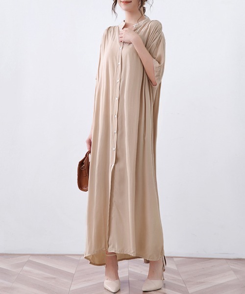 新品タグ付♪ベイジ BEIGE, ロングシャツワンピース 日本製 シャツワンピース スタンドカラーロングシャツワンピース : ZOZOTOWN