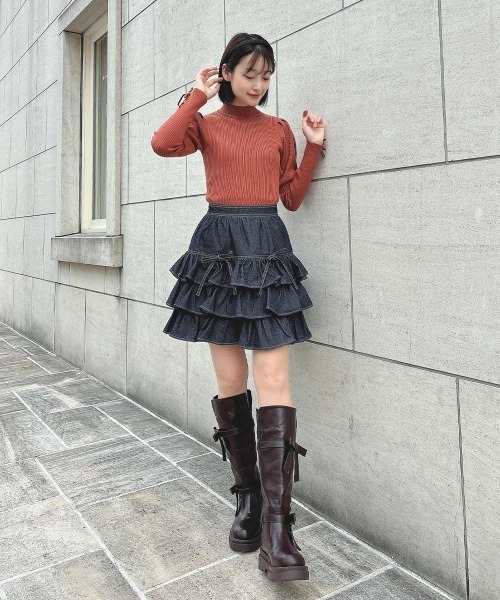 F i.n.t（フィント） スカート ダブルリボンフリルデニムミニスカート