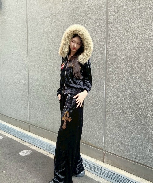 パンツ A'GEM/9 × .kom 「A'GEM/9/エージェムナイン」 Ed Hardy ベロアパンツ レディース メンズの画像