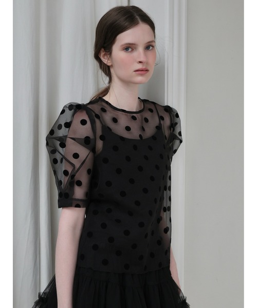 新品★AMOMMA アモマ ボリュームパフスリーブブラウス パール　ショート丈 AMOMMA（アモマ） ブラウス シャツ 半袖 SHEER PUFF SHOULDER DOT