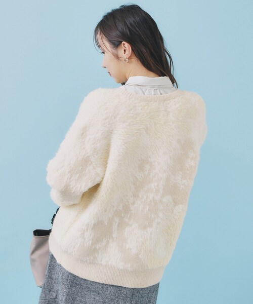 index（インデックス） カーディガン フェザー幾何ジャカードクルー