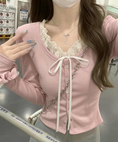Ada. tシャツ レースリボンレイヤード リブ トップス レディース