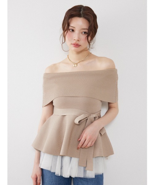ニット セーター チュールレイヤードハーフスリーブニットトップス　春服 夏服 レディースの画像