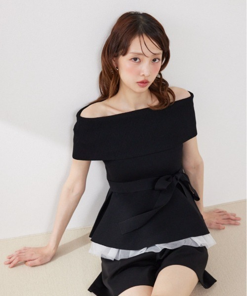 ニット セーター チュールレイヤードハーフスリーブニットトップス　春服 夏服 レディースの画像