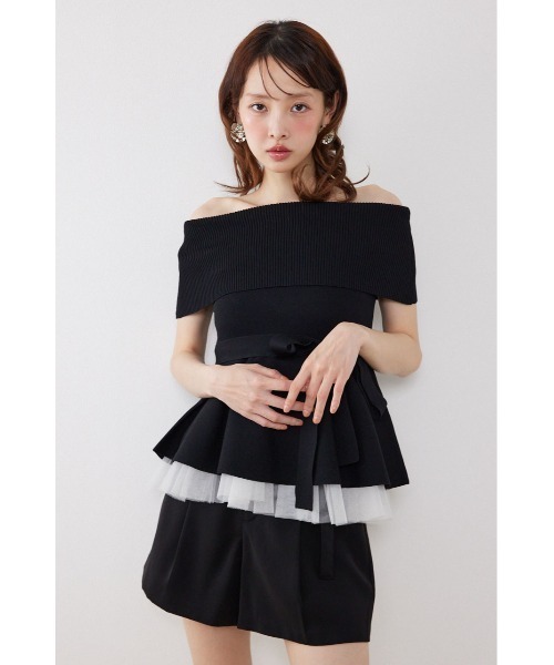 ニット セーター チュールレイヤードハーフスリーブニットトップス　春服 夏服 レディースの画像