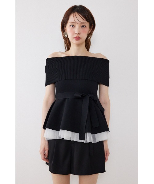 ニット セーター チュールレイヤードハーフスリーブニットトップス　春服 夏服 レディースの画像
