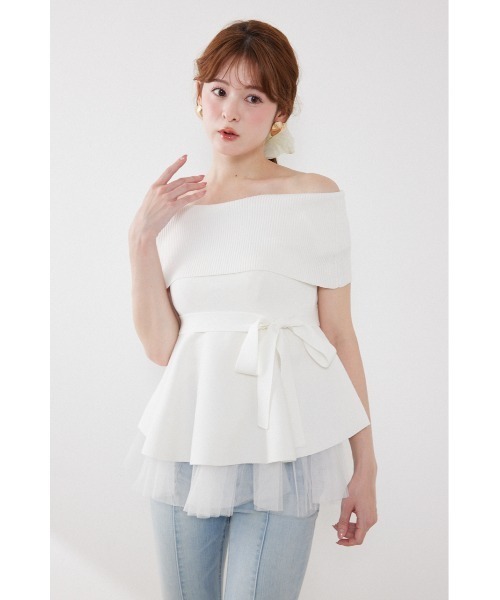 ニット セーター チュールレイヤードハーフスリーブニットトップス　春服 夏服 レディースの画像