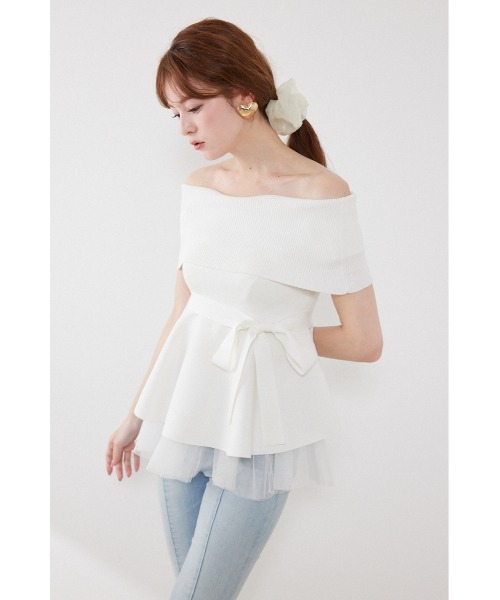 ニット セーター チュールレイヤードハーフスリーブニットトップス　春服 夏服 レディースの画像