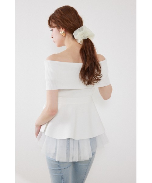 ニット セーター チュールレイヤードハーフスリーブニットトップス　春服 夏服 レディースの画像