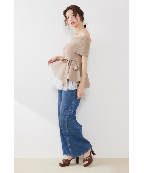 ニット セーター チュールレイヤードハーフスリーブニットトップス　春服 夏服 レディースの画像
