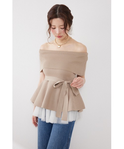 ニット セーター チュールレイヤードハーフスリーブニットトップス　春服 夏服 レディースの画像