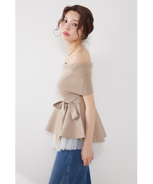 ニット セーター チュールレイヤードハーフスリーブニットトップス　春服 夏服 レディースの画像