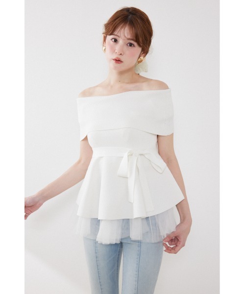 ニット セーター チュールレイヤードハーフスリーブニットトップス　春服 夏服 レディースの画像