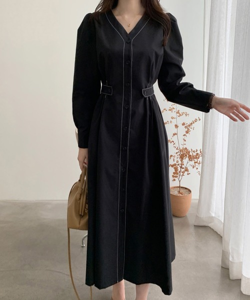 ワンピース ウエストマークVネックボタン開きワンピース : ZOZOTOWN