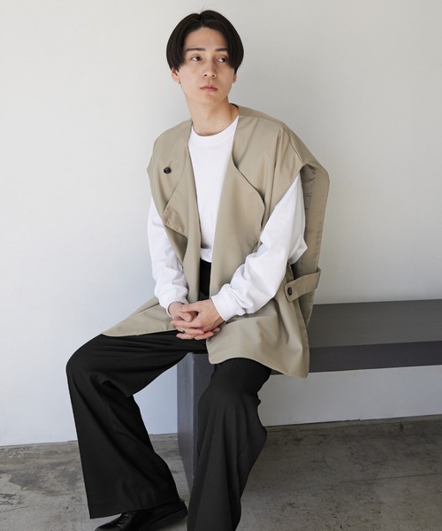 ベスト ジレ 2WAYノーカラールーズトレンチベスト メンズ レディース 