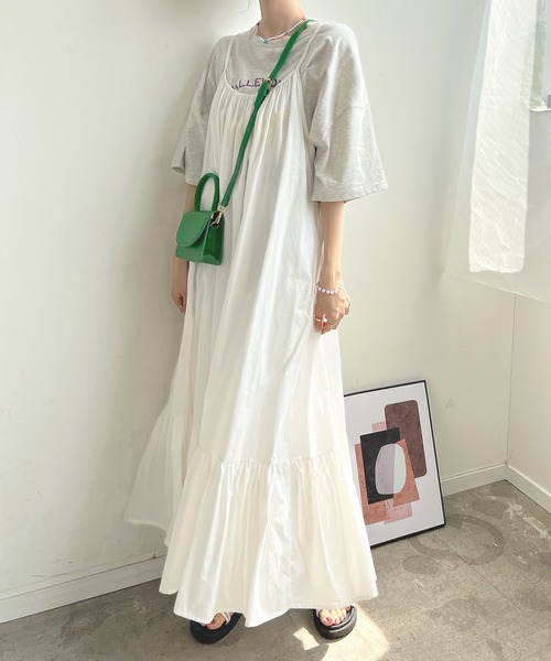 【美品】キャミワンピース ティアード フレア ギャザー ベージュ JUNOAH｜callautia 花柄フレアギャザーキャミワンピース【一部