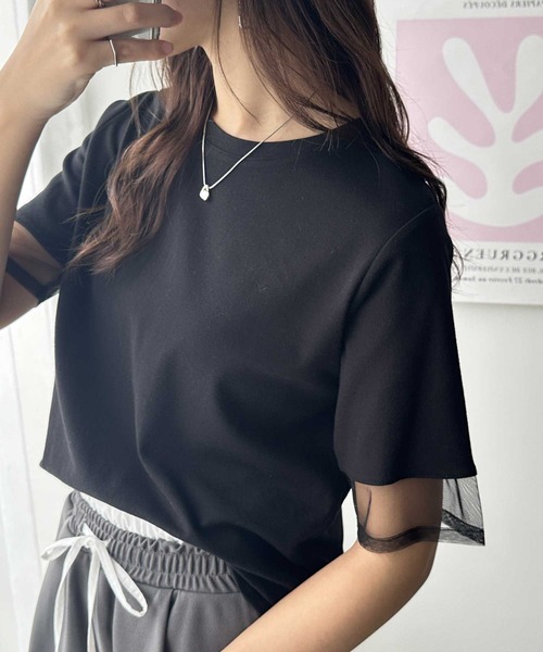tシャツ レース切替Tシャツ レディース GeeRA tシャツ 綿100％袖シアー切替シルケットTシャツ